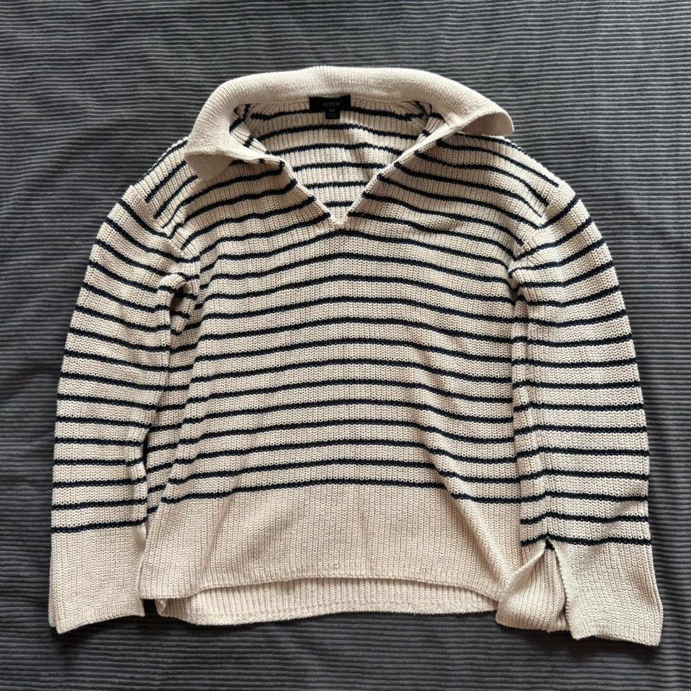 Striped Cream and navy Knit Polo Sweater